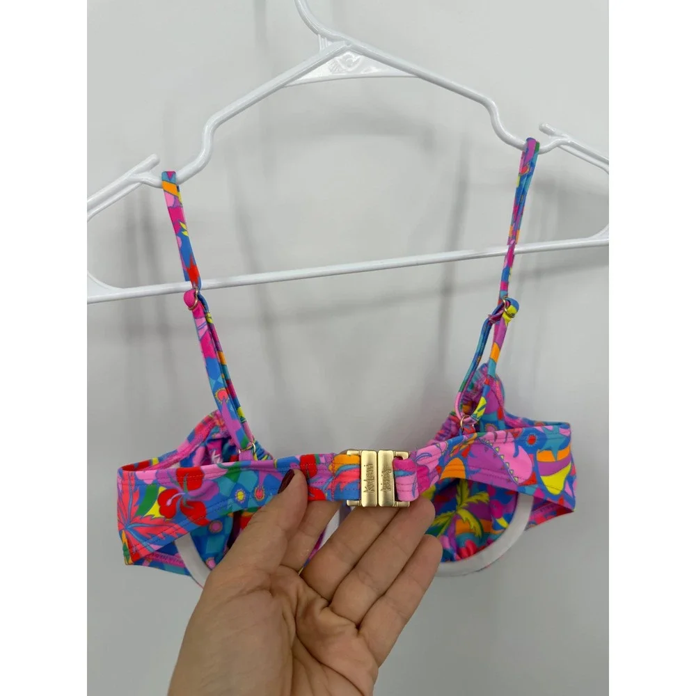 Kulani Kinis Ruched Underwire Bikini Top Floral sz M Pink Blue Retro Tie Front